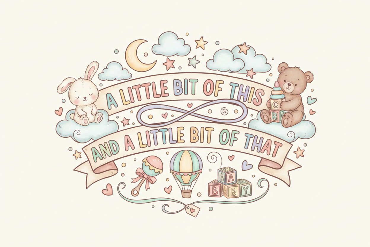 Create a beautiful, decorative logo for my store ALITTLEBITOFTHISANDALITTLEBITOFTHAT.
It is a baby product store, so include elements that attract parents and represent babies—such as cute icons, soft shapes, toys, stars, clouds, baby animals, or anything adorable and warm.
The logo should feel:
Decorative and visually appealing
Playful, soft, and welcoming
Suitable for a baby brand
Balanced even though the name is long
Use gentle, baby-friendly design elements and make the overall style very lovable
