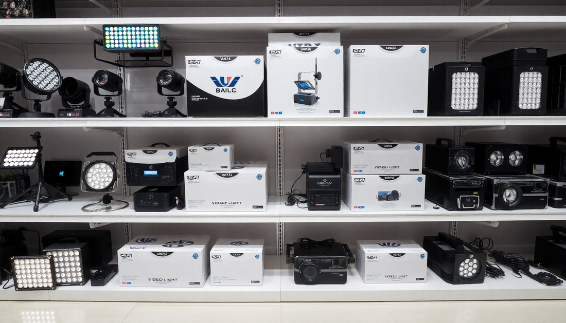 A variety of LED video lighting kits displayed on shelves