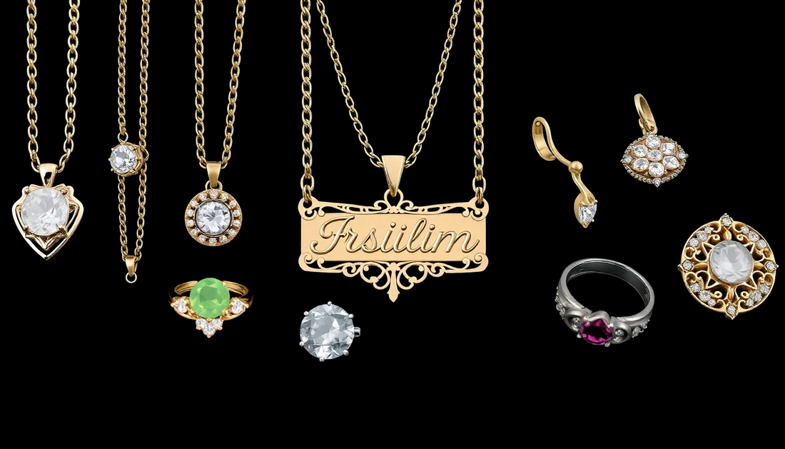 Variation of jewelry, custom necklace, rings, earrings, name plate