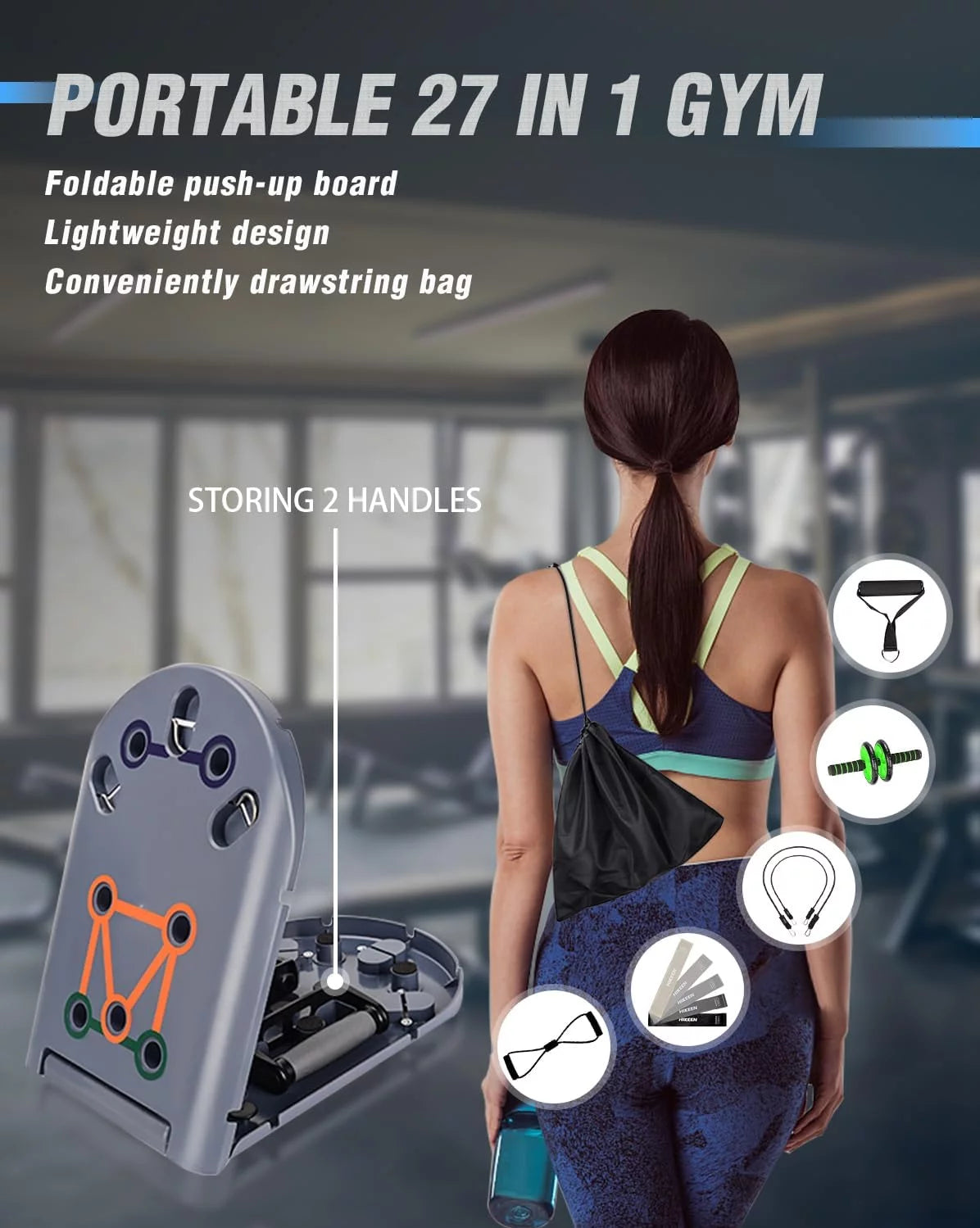 Adoreal 27 In 1 Portable Home Gym System Home Workout Equipment to Help Achieve Fitness Goals, 27-In-1 Portable Gym Exercise Equipment with Compact Push-Up Board, Resistance Bands, Ab Roller Wheel, and Pilates Bar