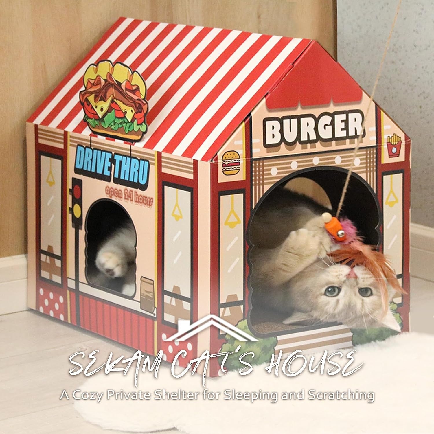Cardboard Cat House with Scratcher & Catnip | Kitty Burger Shop Cat Playhouse | Cat Scratch Toy Indoor Outdoor | Cozy Hideout for Cats & Small Animals