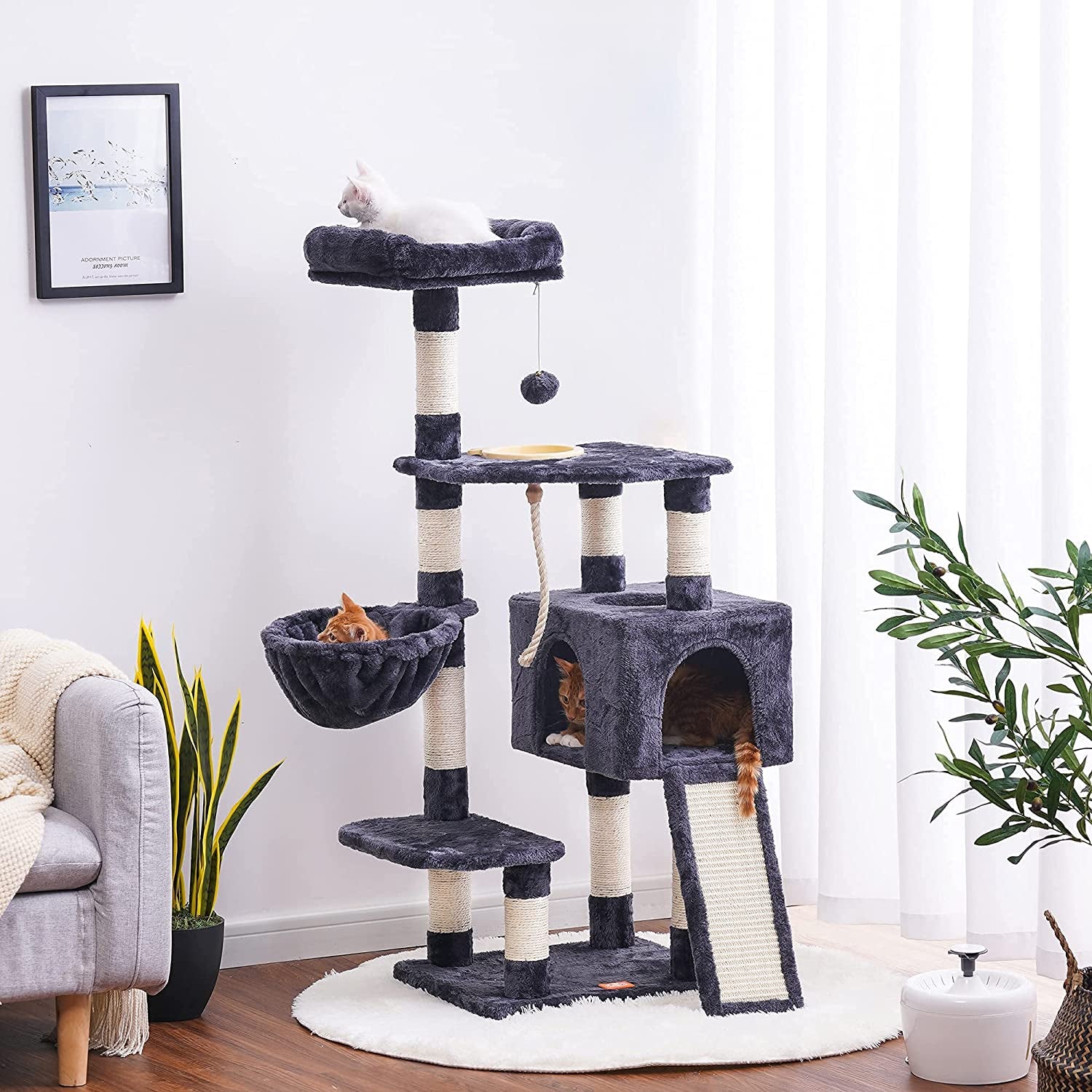 Multi Level Cat Tree Indoor Furniture Condo | Indoor Cat Tower with Scratching Board | Multi-Level Cat Condo with Feeding Bowl | Smoky Gray Cat Tree Furniture