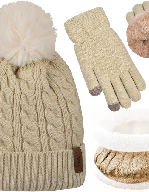 Load image into Gallery viewer, 3Pcs Winter Women Beanie Hat Scarf and Touch Screen Gloves Sets Girls Classic Knit Warm Chunky Fleece Lined Cable Cap
