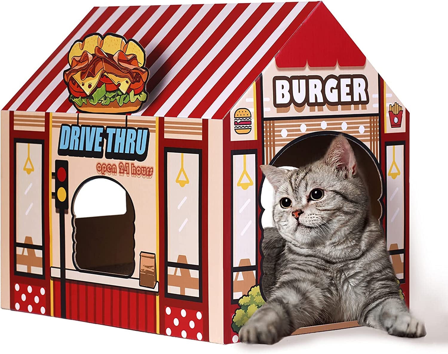 Cardboard Cat House with Scratcher & Catnip | Kitty Burger Shop Cat Playhouse | Cat Scratch Toy Indoor Outdoor | Cozy Hideout for Cats & Small Animals